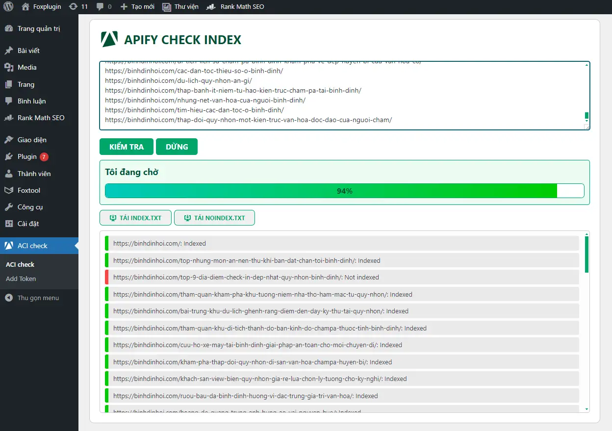 Plugin WordPress check link index Google bằng API Apify miễn phí